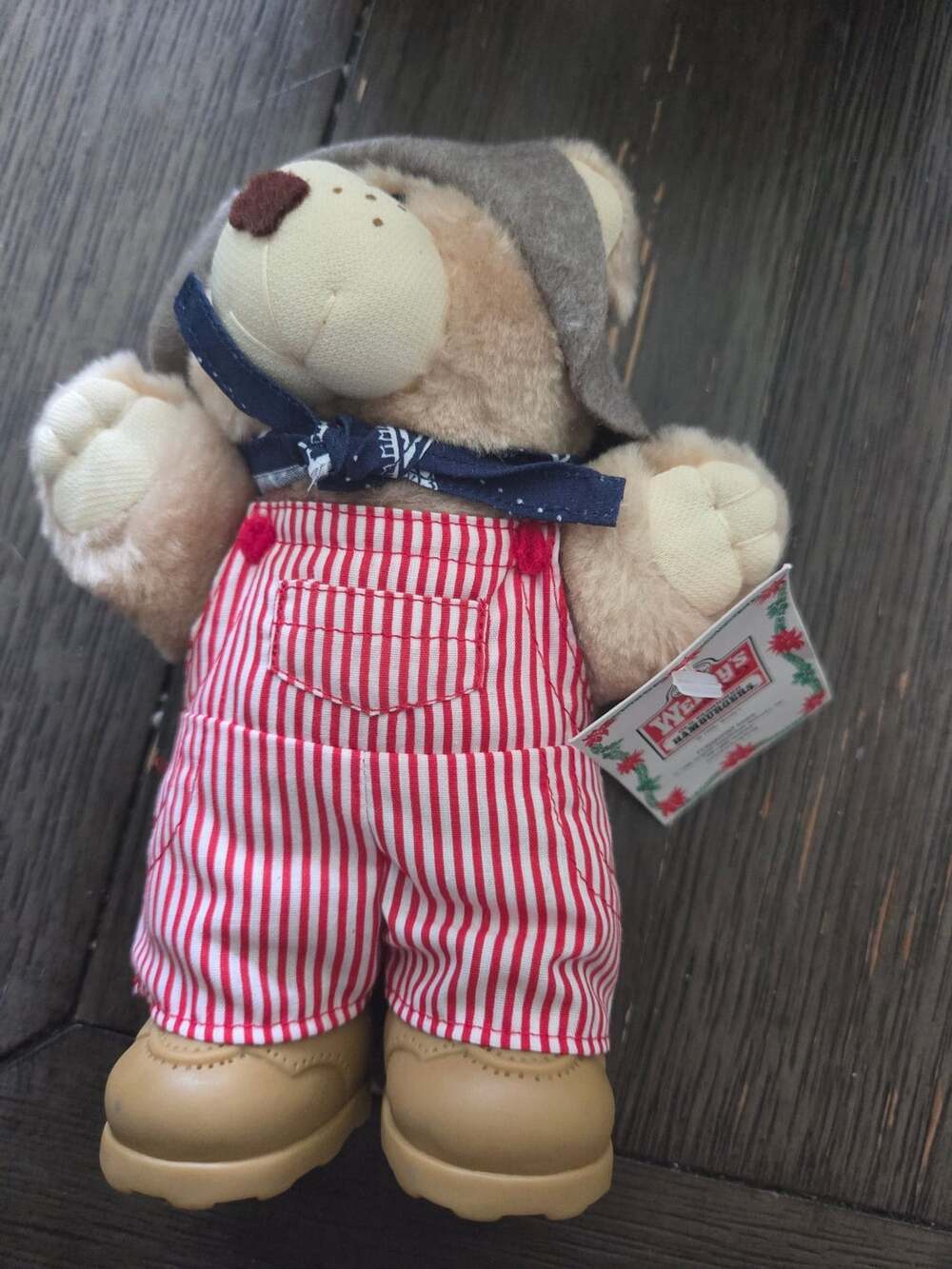 Wendy's Furskins Bear 1986 Plush Stuffed Animal with Overalls and Hat
